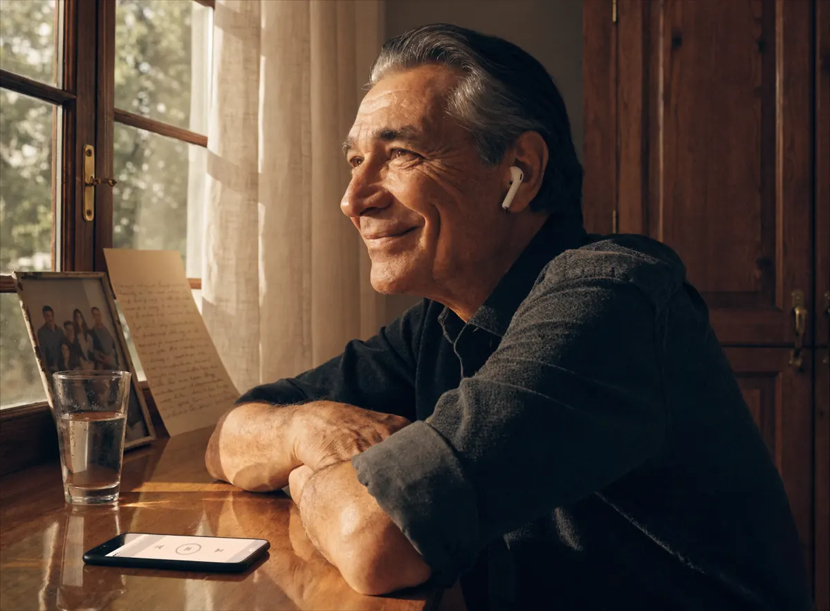 A dad smiling as he listens to his custom song through earbuds, an old family photo, a handwritten note, and his phone resting on the table nearby