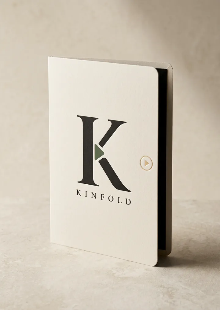 A premium Kinfold keepsake card standing upright, ivory with the Kinfold K monogram on the cover